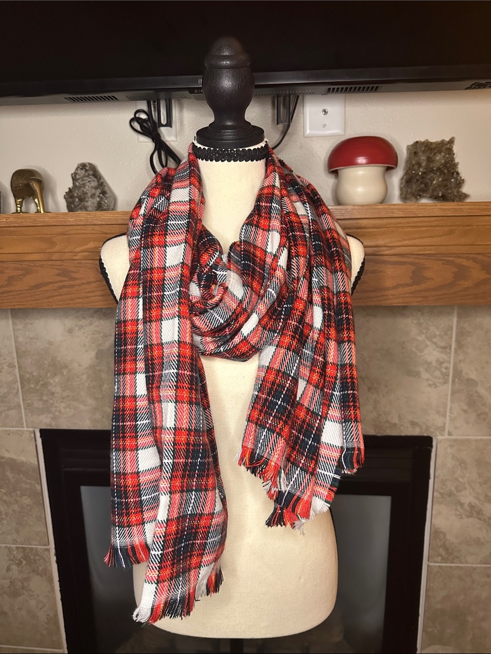 GAP Red, Navy Blue, White & Green Plaid Soft Scarf with Frayed Edges